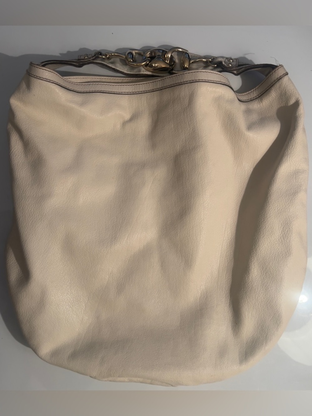 GUCCI Authentic Horsebit HOBO Tote Vintage Bag White Leather Gold Hardware